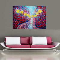 Hand Painted Thick Palette Knife Landscape Oil Painting on Canvas Modern Abstract Blue Red Umbrella Oil Painting for Home Decoration Gift