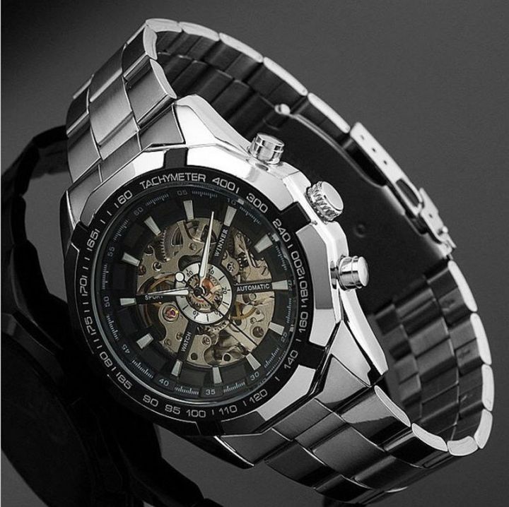 นาฬิกาอัตโนมัติโครงกระดูกสำหรับผู้ชายนาฬิกาข้อมือสแตนเลสสตีลเงิน