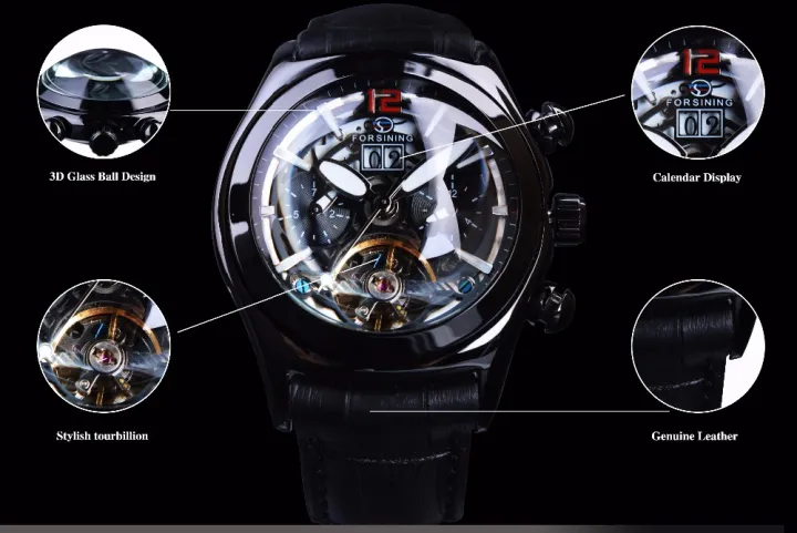 นาฬิกาผู้ชายแบบไขลานเองแบรนด์ชั้นนำนาฬิกาอัตโนมัติหรูหราตำนาน-tourbillion-ชุดหนังสีดำเต็มรูปแบบ