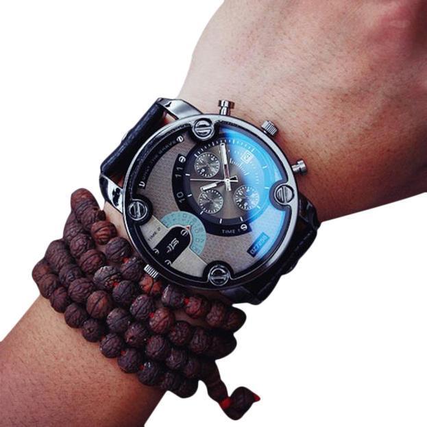 นาฬิกาข้อมืออนาล็อกควอตซ์หนังบุรุษลำลองแฟชั่นสีดำ-gratis-ongkir