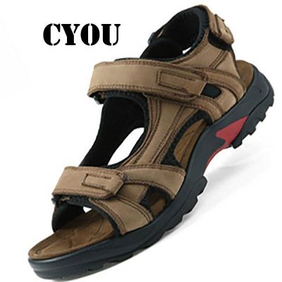 CYOU รองเท้าหนังแท้สำหรับผู้ชาย,รองเท้าเดินป่าสำหรับฤดูร้อนรองเท้ากีฬากลางแจ้งรองเท้าลำลอง (สีกากี)