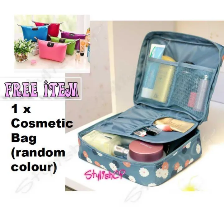 Travel Multi Pouch Toiletry Cosmetic Bag Ver 2 (Blue) + FREE cosmetic bag |  Lazada