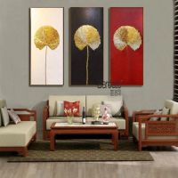 3 Pieces Hand Painted Golden Leaves Oil Painting Modern Simple Painting Home Wall Decoration