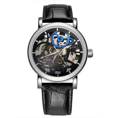Wanying SEWOR แบรนด์ใหม่ที่มีชื่อเสียงหรูหราแฟชั่นลำลองลมมือโครงกระดูกนาฬิกากลไกเสื้อผู้ชายนาฬิกาข้อมือนาฬิกาหนัง PU ของขวัญสำหรับผู้ชาย (สีเงินสีดำ)