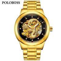 POLOBOSS Winner Watch Men IPG นาฬิกาข้อมือแนววินเทจมังกรทองนาฬิกากลไกกันน้ำกันกระแทกเรืองแสงบุรุษนาฬิกาแบรนด์ชั้นนำหรูหรา (สีดำ)