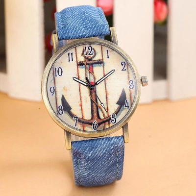 นาฬิกาควอตซ์สายหนังแอนะล็อกคาวบอยที่ยึดนาฬิกาข้อมือย้อนยุคสีน้ำเงิน