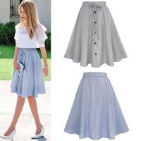 Mode Shop Hang-Qiao Women Vintage Stretch High Waist Striped Pleated Long Skirt Dress