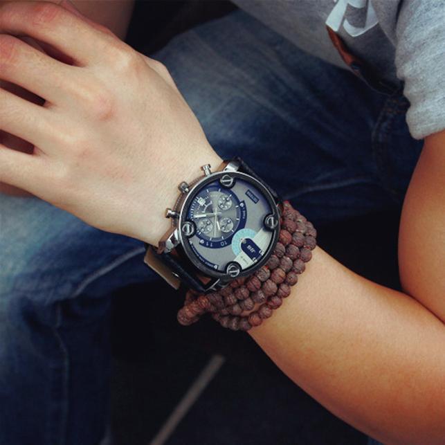 นาฬิกาข้อมืออนาล็อกควอตซ์หนังบุรุษลำลองแฟชั่นสีดำ-gratis-ongkir