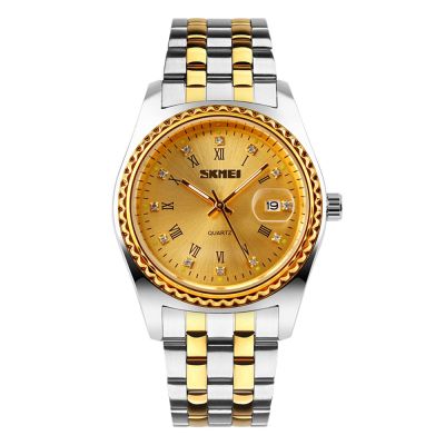 นาฬิกานาฬิกาควอตซ์ลำลองนาฬิกาสีทองสำหรับผู้ชายทันสมัยแบรนด์ SKMEI นาฬิกาสีทอง30เมตรสำหรับนักธุรกิจชาย