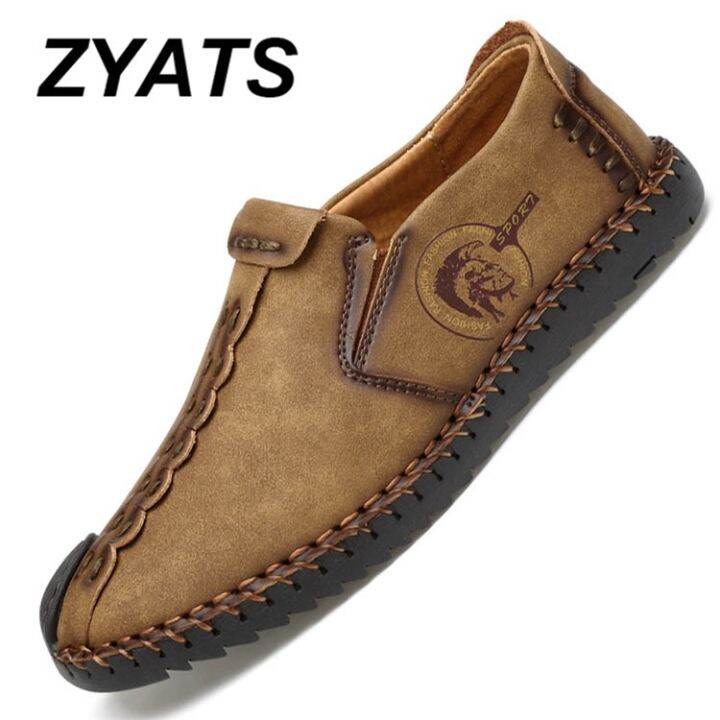 zyats-รองเท้าส้นเตี้ยผู้ชายหนังรองเท้าหนังนิ่มรองเท้าโลฟเฟอร์ลำลองสลิปออนขนาดใหญ่38-46สีกากี