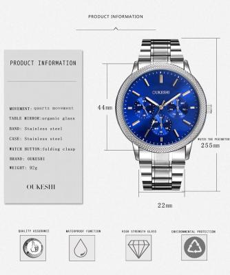 นาฬิกาข้อมือควอทซ์ผู้ชายแฟชั่นแบบอนาล็อกวงเหล็กสแตนเลสสีน้ำเงิน