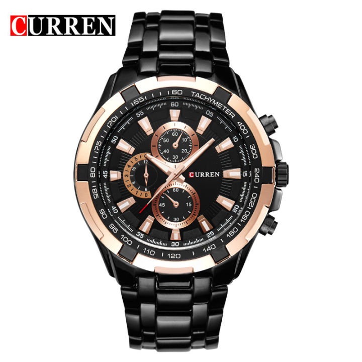 นาฬิกา-curren-8023ผู้ชายนาฬิกาควอตซ์กันน้ำสีดำทองสีดำ