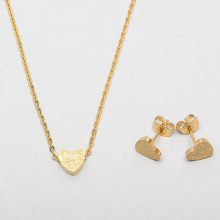 Stainless Steel Frosted Heart Necklace and Earrings set Gold Lazada PH