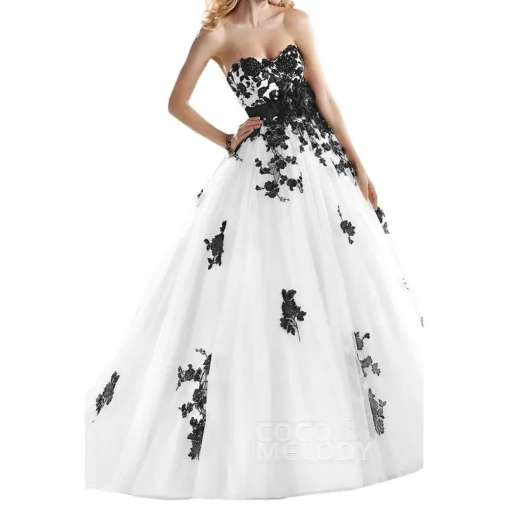 white wedding dress with black flowers