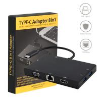 Type-C 8 In 1อะแดปเตอร์ HDMI + VGA + LAN + SD + เสียง + TYPE-C + USB3.0 * 2