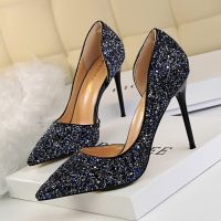 Fashion Sequins High-Heeled Shoes Pointed Toe Stiletto Pumps Closed Toe High Heels Party Women Shoes (Blue)