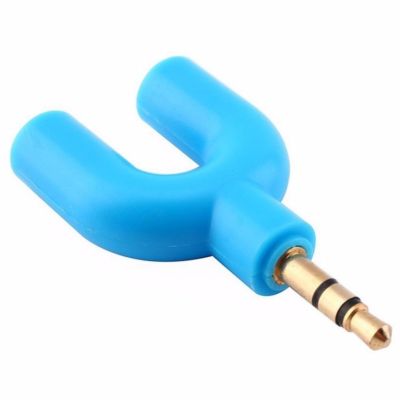 3.5mm Male To 2 Female U Shape Stereo Audio Headphone Earphone Splitter Adapter (สีฟ้า)