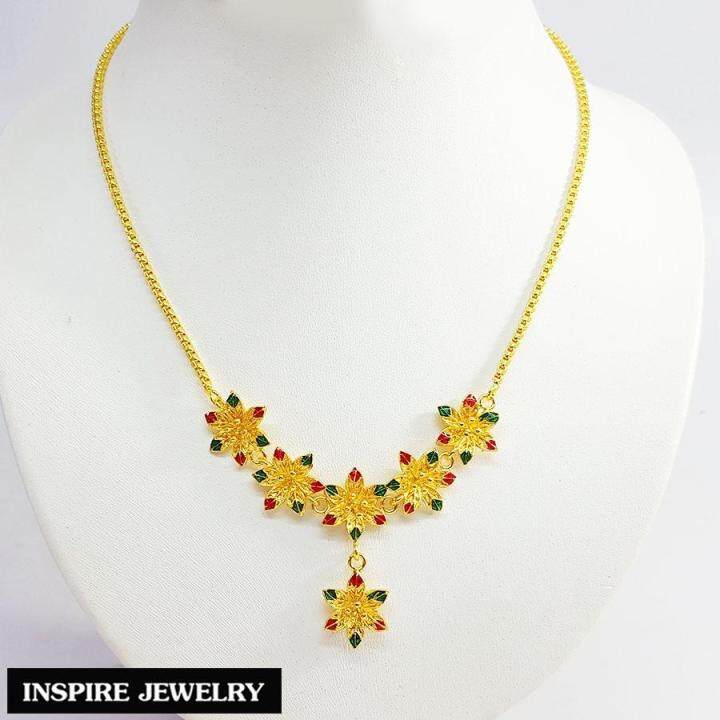 inspire-jewelry-ชุดเซ็ท-สร้อยคอทองลงยา-สร้อยข้อมือทองลงยา-รูปดอกไม้-งานจิวเวลรี่และงานทอง-มีจำนวนจำกัด-งานลงยาคุณภาพ-อย่างดี-งานฝีมือ-thai