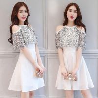 ชุดเดรสสไตล์เกาหลี QUILLA Off-Shoulder Strap Korean Classic Dress พร้อมส่ง