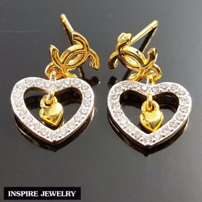 Inspire Jewelry ,ต่างหูCN ฝังเพชร แบบห้อยหัวใจ งานจิวเวลลี่ หุ้มทองแท้ 100% 24K สวยหรู ขนาด 1.2 CM พร้อมกล่องกำมะหยี่