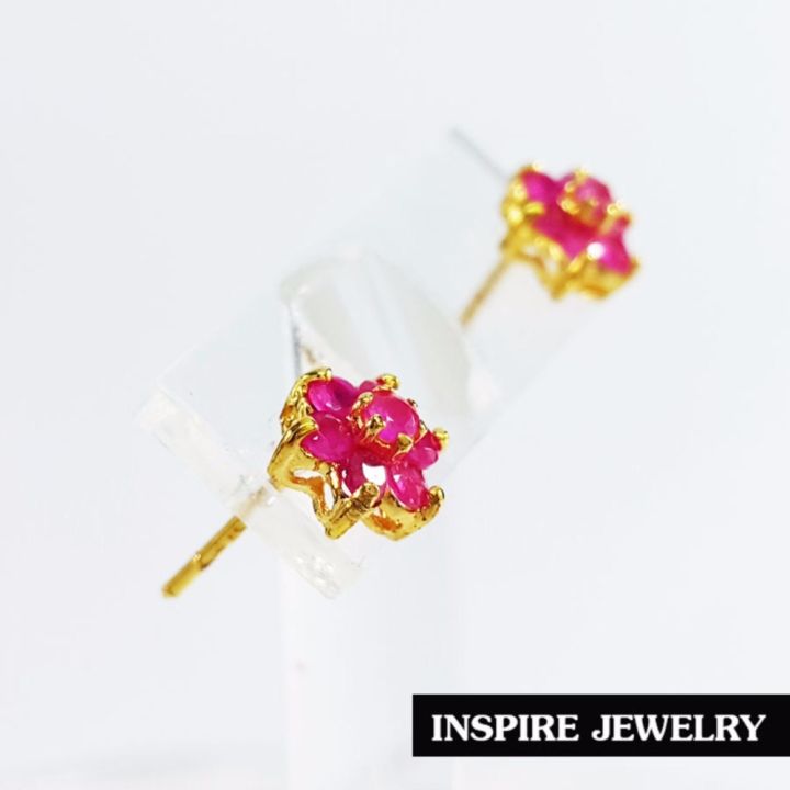 inspire-jewelry-ต่างหูทับทิมชาตั้มรูปดอกไม้-ฝังหนามเตย-งานจิวเวลลี่-ขนาด-0-5x0-5cm-น่ารักมาก-หุ้มทองแท้-24k-100