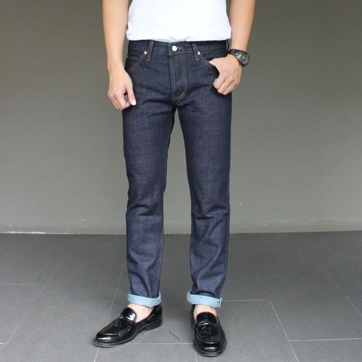 golden-zebra-jeans-กางเกงยีนส์ขาเดฟผ้าดิบ-ริมแดงสีน้ำเงิน