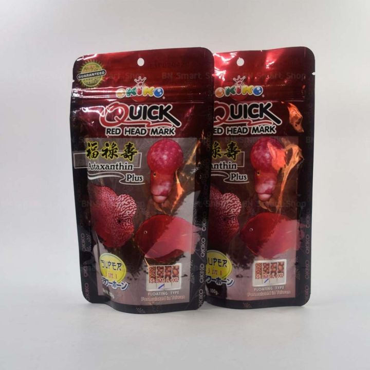 อาหารปลาหมอสี-okiko-quick-red-head-mark-100-g-size-m-x-2-ถุง-เร่งมุก-เร่งสี-เร่งโหนก