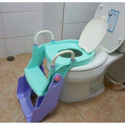 2 in 1 potty trainer ที่นั่งรองชักโครกมีบันได+กระโถน สีม่วงเขียว พรีเมี่ยมเกรด รุ่นน้องเป่าเปา