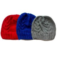 Handmade หมวกถักไหมพรม3ใบสีแดงสีน้ำเงินและสีเทา ลาย02