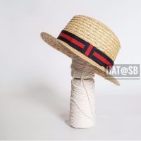 หมวกสาน ทรงคัพเค้ก สายคาดสีกรม-แดง ขนาดปีก 5cm, Straw boater hat size 5cm