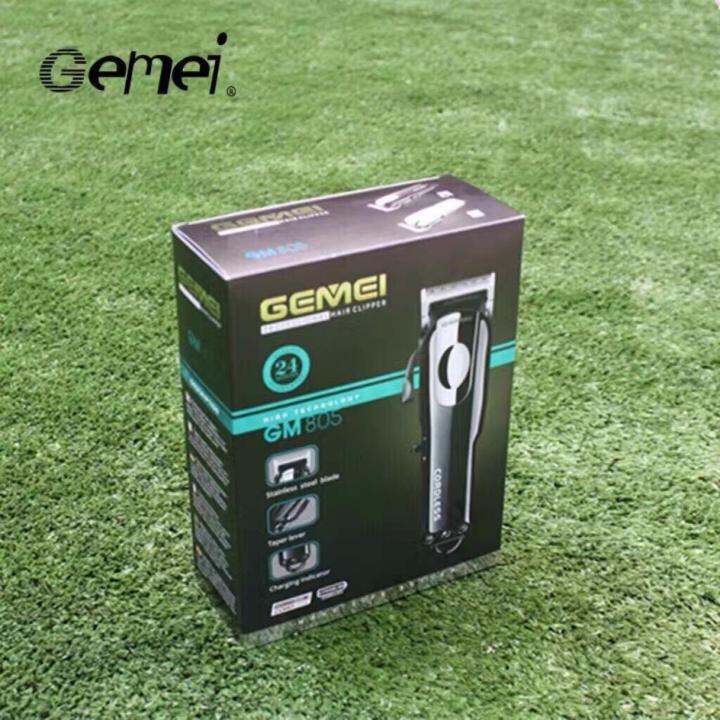 gemei-ปัตตาเลี่ยนไร้สายมีครีบ-ใบมีดสเตนเลส-gm-805-แบตเตอรี่ลิเที่ยมไออน-2-200-mah-ใช้งาน-150-นาที-พร้อมหวีรองตัด-4-ขนาด-สีดำ