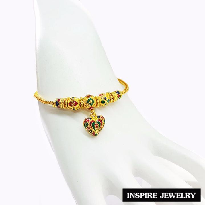 inspire-jewelry-สร้อยข้อมือ-ลงยาลายโบราณ-ห้อยหัวใจลงยา-ตัวเรือนหุ้มทองแท้-100-24k-สวยหรู-มีจำนวนจำกัด