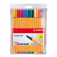 STABILO สตาบิโล ปากกา Point 88 ปากกาสีหมึกน้ำ หัวเข็ม Fibre-Tip Pen ชุด 10 สี + 5 สีสะท้อนเเสง