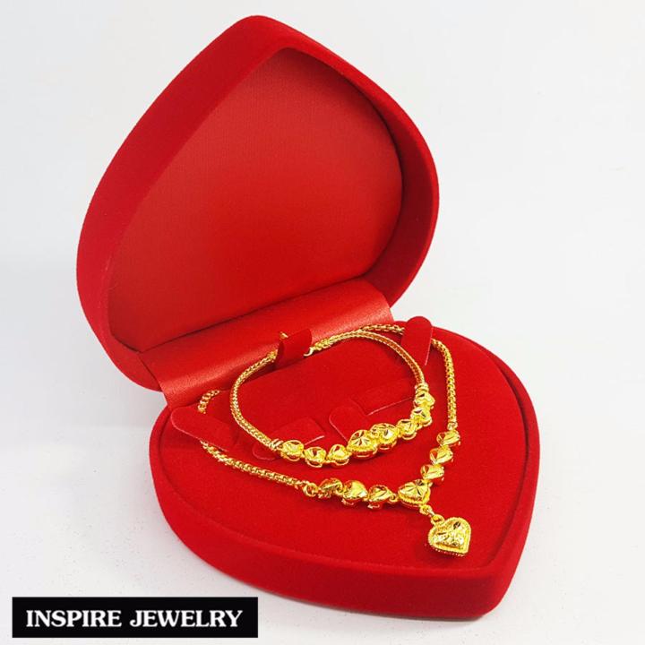 inspire-jewelry-ชุดเซ็ท-สร้อยคอทอง-สร้อยข้อมือทอง-ลายเลสหรูและข้อป้อง-หุ้มทองแท้-100-24-นิ้ว-พร้อมกล่องทอง