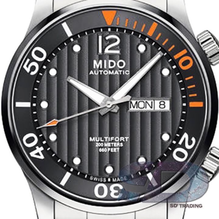 mido-นาฬิกาข้อมือสำหรับผู้ชาย-multifort-two-crowns-automatic-diver-รุ่น-m005-930-11-060-00-silver-black-orange