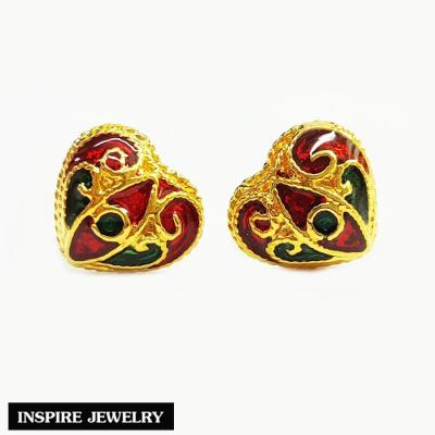 Inspire Jewelry ,ต่างหูทองรูปหัวใจ ลงยาแดง หุ้มทองแท้100% 24K สวยหรู พร้อมถุงกำมะหยี่