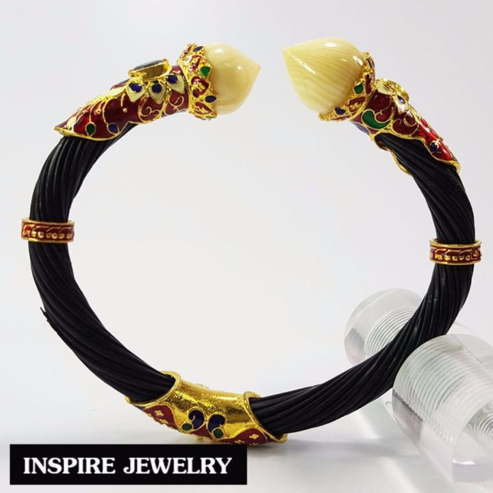 inspire-jewelry-กำไลหางช้าง-สีดำ-ประดับหัวบัวกระดูกช้าง-ตัวเรือนขึ้นเงินแท้-92-5-ชุบทองลงยา-ฝังพลอยพม่าแท้-เป็นเครื่องประดับมงคล