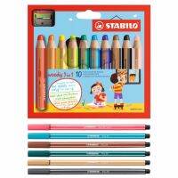 STABILO Woody 3in1 ดินสอสี เเท่งใหญ่พิเศษ ชุด 10 สี + STABILO Pen 68 ปากกาหมึกน้ำ หัวสักหลาด 6 สี สีละ 1 ด้าม