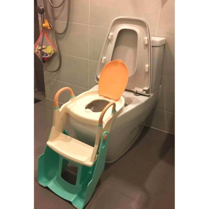 2-in-1-potty-trainer-ที่นั่งรองชักโครกมีบันได-กระโถน-สีเขียวครีม-พรีเมี่ยมเกรด-รุ่นน้องเป่าเปา