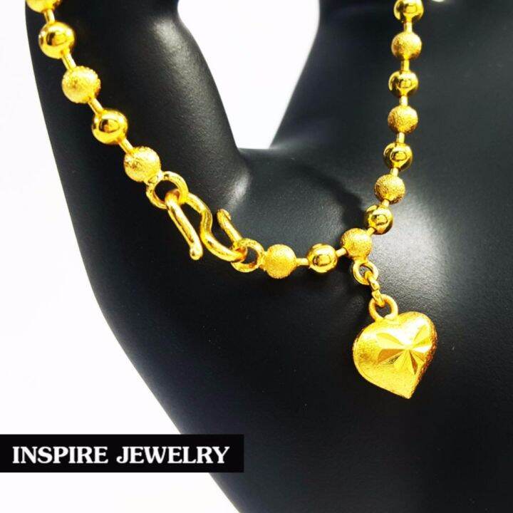 inspire-jewelry-สร้อยข้อมือทอง-เม็ดกลม-ขัดมัน-สลับซาติน-ห้อยหัวใจตอกลาย-แบบร้านทอง-มีให้เลือกระหว่างขนาดเม็ด-2มิล-และ-3มิล-น้ำหนัก-งานทองไมครอน-ชุบเศษทองคำแท้