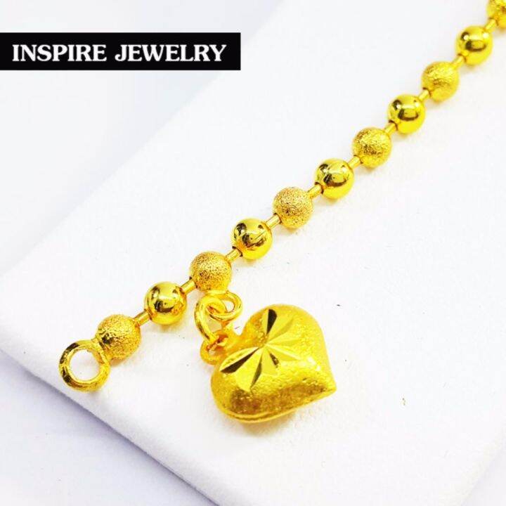 inspire-jewelry-สร้อยข้อมือทอง-เม็ดกลม-ขัดมัน-สลับซาติน-ห้อยหัวใจตอกลาย-แบบร้านทอง-มีให้เลือกระหว่างขนาดเม็ด-2มิล-และ-3มิล-น้ำหนัก-งานทองไมครอน-ชุบเศษทองคำแท้