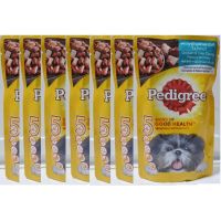 Pedigree เพ็ดดีกรีเพ้าส์ไก่และตับชิ้นในน้ำเกรวี่ ขนาด 130 กรัม 6 ถุง