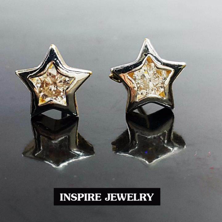 inspire-jewelry-ต่างหูเพชรรูปดาวปักก้าน-ขนาด-8x8mm-น่ารักมาก-งานแบบร้านทอง-หุ้มทองแท้-24k-100