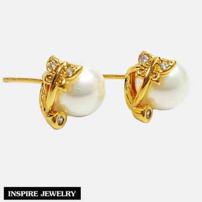 Inspire Jewelry ,ต่างหูมุก ประดับผีเสื้อ ฝังเพชรสวิส หุ้มทองแท้100% 24K สวยหรู
