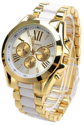 GENEVA นาฬิกาข้อมือ บอยไซส์ ใส่ได้ทั้งชายและหญิง รุ่น GP8501 (White/ Gold)  สายแสตนเลส  Luxuary