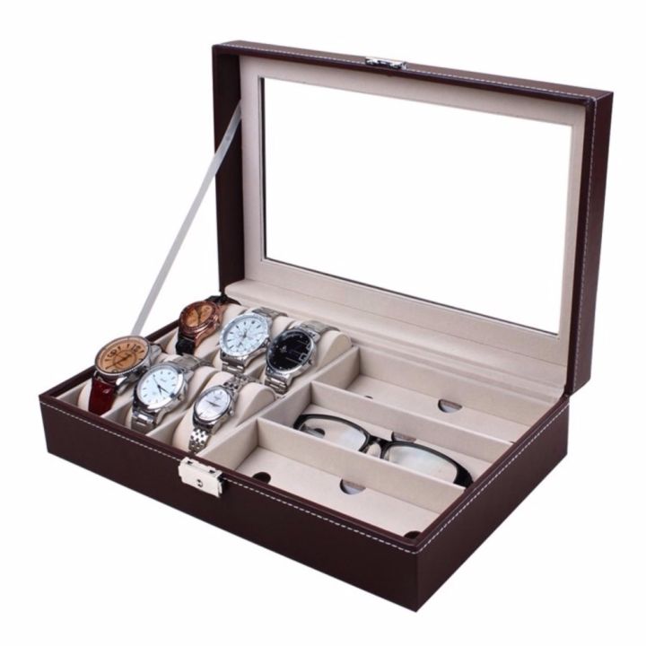 TPA-กล่องใส่นาฬิกาและกล่องแว่นตา ใส่นาฬิกา 6 เรือน แว่นตา 3 ช่อง หุ้มหนังPUอย่างดี