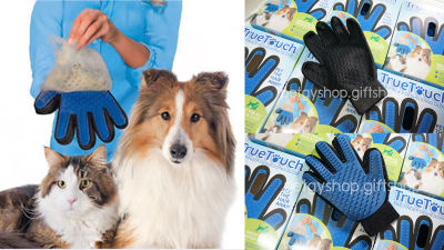 ถุงมือแปรงขน กำจัดขนสัตว์เลี้ยง หวีขนหมาและขนแมว True Touch Pet the hair away