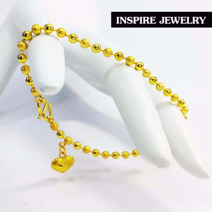 inspire-jewelry-สร้อยข้อมือทอง-เม็ดกลม-ขัดมัน-สลับซาติน-ห้อยหัวใจตอกลาย-แบบร้านทอง-มีให้เลือกระหว่างขนาดเม็ด-2มิล-และ-3มิล-น้ำหนัก-งานทองไมครอน-ชุบเศษทองคำแท้