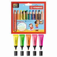 STABILO Woody 3in1 ดินสอสี เเท่งใหญ่พิเศษ ชุด 10 สี + STABILO Neon ปากกาเน้นข้อความ - Yellow/ Green/ Orange/ Pink/ Magenta อย่างละ 1 ชิ้น
