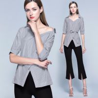 เสื้อแขนยาวลายขวาง Black Tied Waist Striped Turndown Collar Blouse